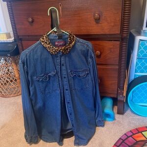 Denim&Co Blue Denim Shirt with Leopard Fur Collar